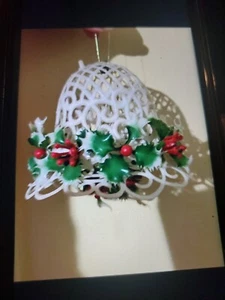 1950s Plastic Bell With Holly And Poinsettia Decorations - Picture 1 of 3