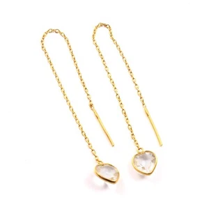 White Topaz Threader Earring - Natural Gemstone 18k Solid Gold Handmade Earring - Picture 1 of 3