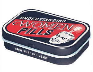 Retro Tin Metal Pill Box UNDERSTANDING WOMEN PILLS Mints 6x4cm Vintage Pharmacy - Foto 1 di 2