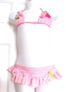 Kate Mack EUC Pink/White Striped Ruffled Two-Piece Swimsuit 3T Rosettes Beachy - Picture 1 of 7