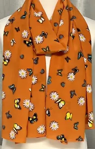 100% Mulberry Silk Crepe de Chine Scarf - Orange Rainbow Butterflies - 65x190cm - Picture 1 of 5