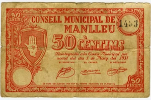 ☆ SPAIN CIVIL WAR 1937 • MANLLEU 50 CTS MUNICIPAL ☆ GUERRA CIVIL ESPAÑOLA ☆D1548 - Picture 1 of 2