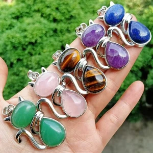 Natural Gemstone Crystal Cat Pendant Chakra Reiki Healing Stone Jewelry Gift - Picture 1 of 13