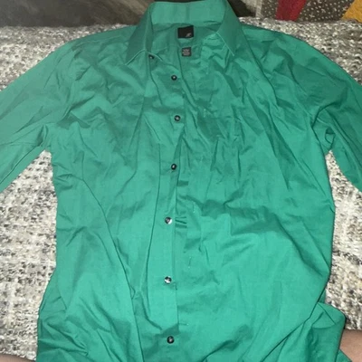 JF J. Ferrar Slim Fit Green Button Down Men's Dress Shirt Size Large Striped - Image 1 of 3