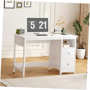 White Desk with Drawers, Modern Home Office Computer Desk with Storage - Picture 1 of 7