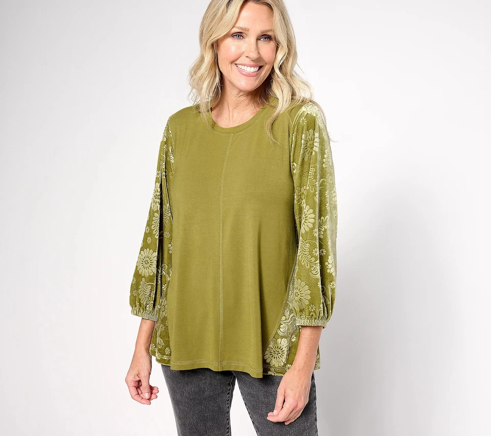 LOGO de Lori Goldstein Rayón 230 y Terciopelo Top Rama Oliva M Nuevo Foto 1 de 1