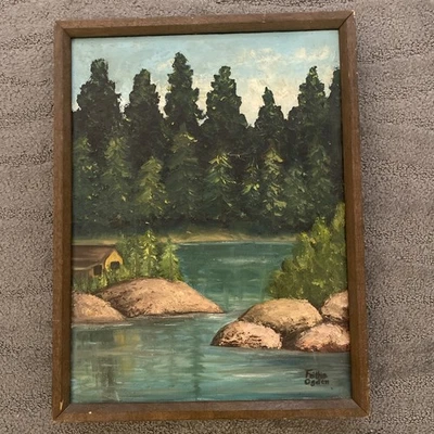 "Pintura al óleo de paisaje vintage enmarcada cabaña cabaña bosques árboles del lago 17"" X 13""" Foto 1 de 4