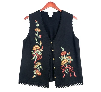 VTG Koret Wool Blend BLACK SWEATER VEST Embroidered Flowers PINK/GREEN/GOLD sz M - Image 1 of 4