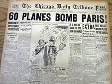 1918 WW I headline newspaper with MASSIVE GERMAN AIRPLANE RAID on PARIS France