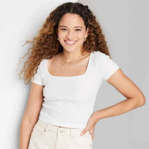 Wild Fable White Baby T-Shirt - Women's L Short Sleeve Square Neck Rib Fitted - Picture 1 of 6