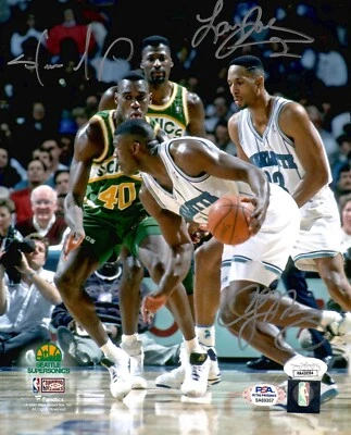 Shawn Kemp Alonzo Mourning Larry Johnson signed 8x10 photo Sonics Hornets PSA - Image 1 of 4
