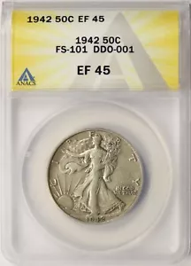 1942 DDO 50c Walking Liberty Half Dollar FS-101 ANACS VZ45 - Bild 1 von 4