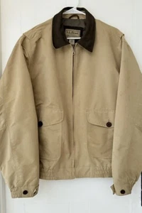 Vintage L.L. Bean KHAKI Harrington Jacket Leather Collar Bomber Full Zip sz L - Picture 1 of 5