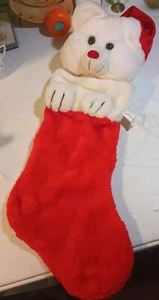 Vintage 3D Plush White Teddy Bear Christmas Stocking Red & White Santa Hat - Picture 1 of 8