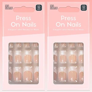 PRESS ON NAILS 2 x 12Pc Set Pre-Glued Express Instant Manicure SQUARE FRENCH TIP - Picture 1 of 8