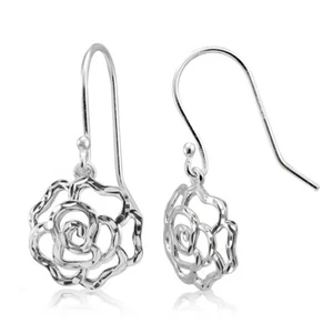 Sterling Silver High Polished Diamond-cut Filigree Rose Flower Dangle Earrings - Picture 1 of 4