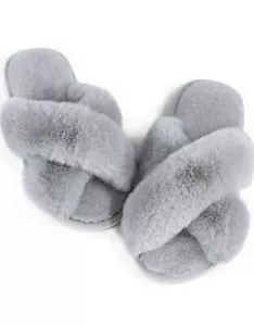 Zapatillas de casa mullidas difusas para mujer Ankis banda cruzada acogedoras espuma viscoelástica talla 11-12 - Imagen 1 de 5
