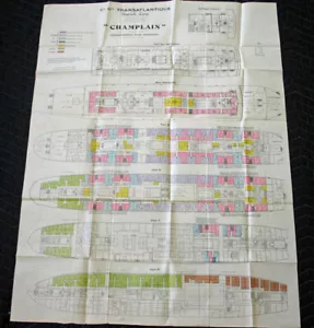 CGT FRENCH LINE SS CHAMPLAIN Color Coded Deck Plan - Picture 1 of 6