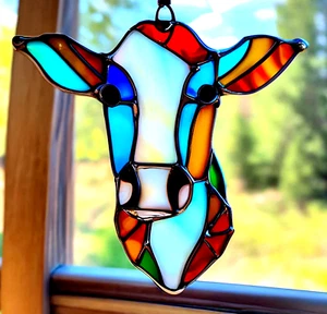 COLOURFUL DAIRY COW Authentic Australian Stained Glass Hanging CATTLE SUNCATCHER - Picture 1 of 24