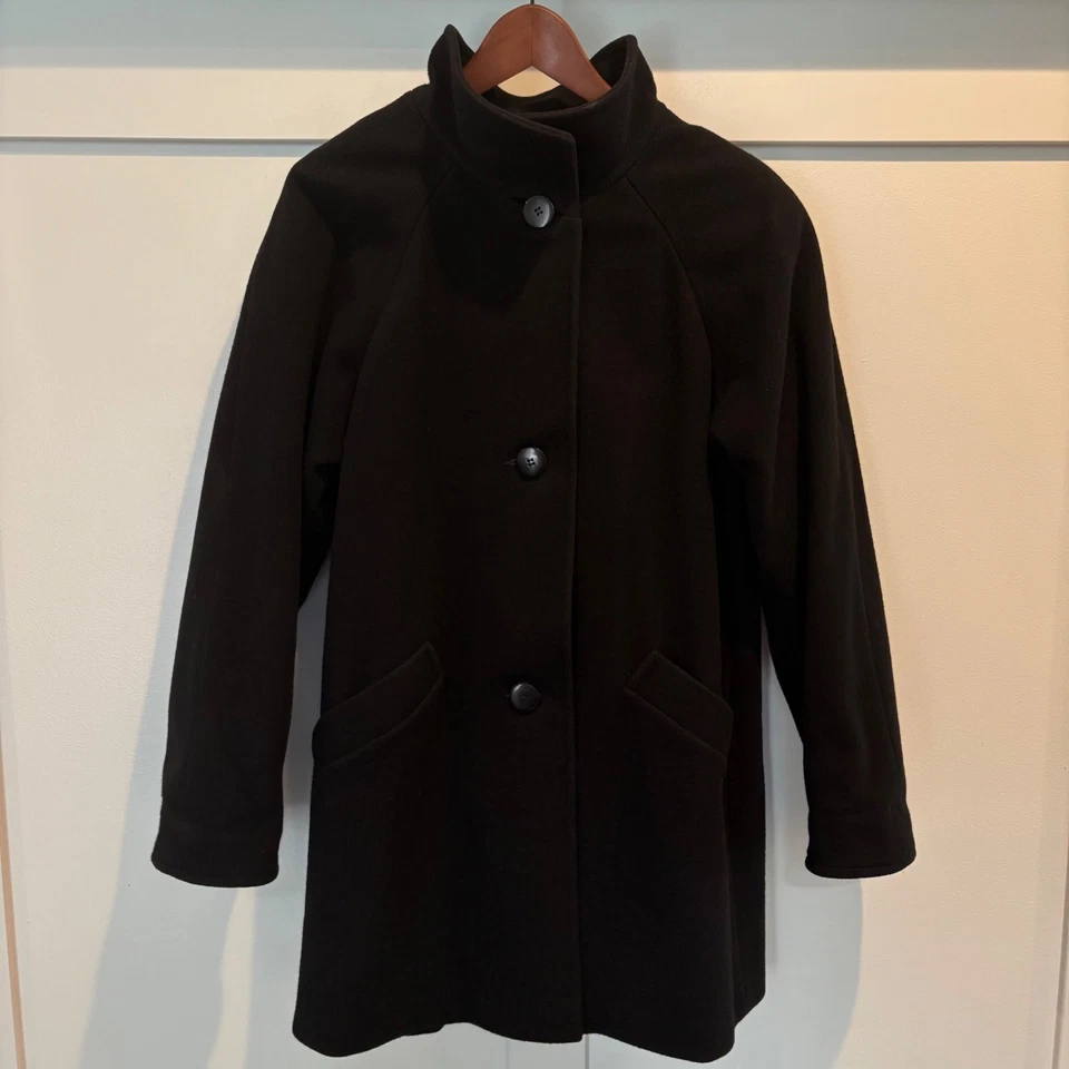 Jaqueta de balanço vintage anos 80 JG gancho 100% lã feminina grande preta pescoço funil EUA - Imagem 1 de 4