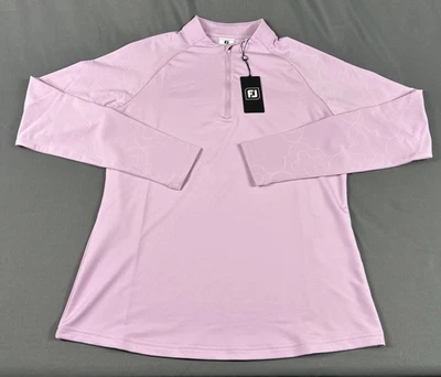 Pullover de golf FootJoy para mujer manga estampada capa media 1/4 cremallera pequeña orquídea $115 Foto 1 de 4