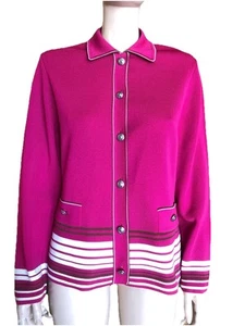 Vtg 70’s Palio Pink Long Sleeve Sweater Cardigan Knit Italy White Brown Trim Lrg - Picture 1 of 12