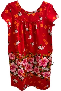 Vintage 1960s Ui Mikai S/M Muumu Dress Red & Pink Hibicus Flowers Made In Hawaii - Picture 1 of 12