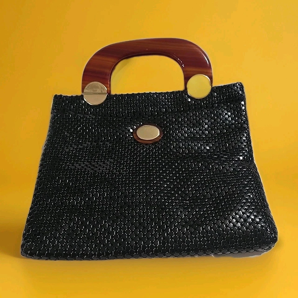 Vintage Whiting And Davis Black Metal Mesh Tote Purse Lucite Handles 1960's - Image 1 of 4