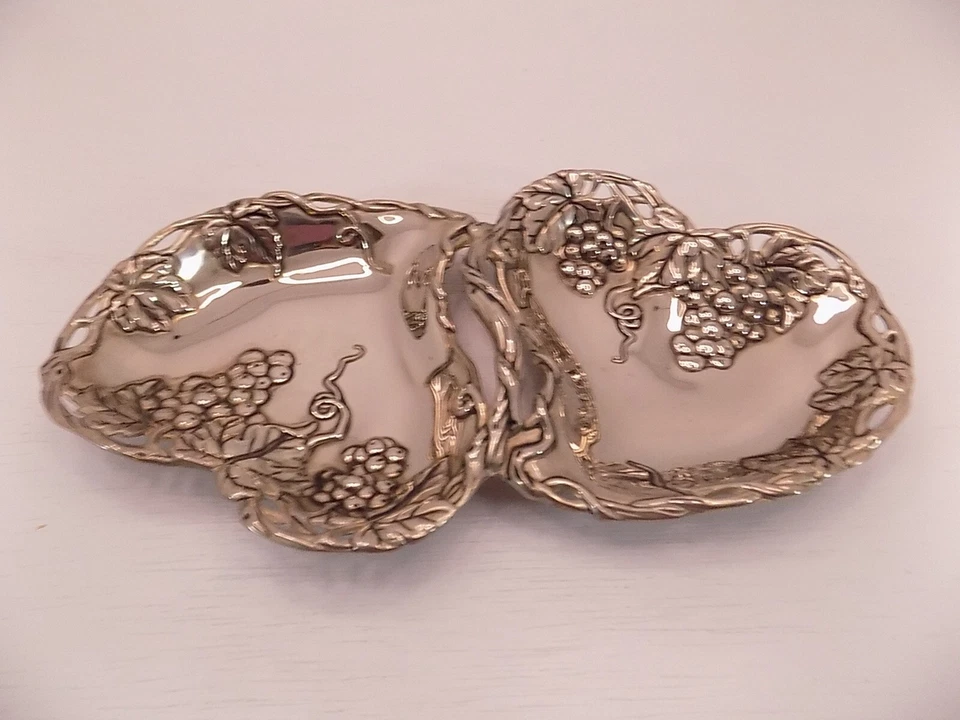 Godinger Double Heart Silver Dish Grape Plated Design Art Candy Dish - Image 1 of 4