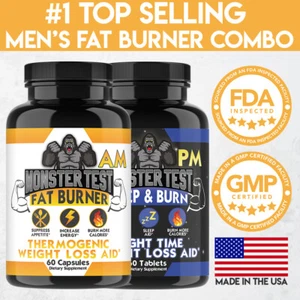 Monster Test Men's Fat Burner AM Day + PM Night Weight Loss Diet Pill Combo 2 PK - Picture 1 of 17
