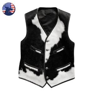 Mens Western Cowboy Black Fur Leather Vest Cowhide Real Pony Hair Waistcoat - Picture 1 of 4