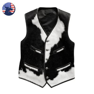 Mens Western Cowboy Black Fur Leather Vest Cowhide Real Pony Hair Waistcoat - Image 1 of 4