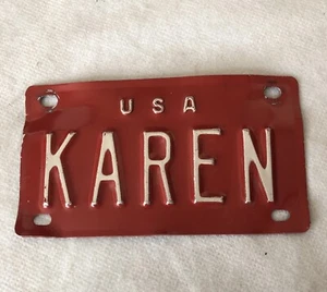 Vintg 1960s USA Vanity Name License Plate 4"x 2" Red (Karen or Randy) - Free S/H - Picture 1 of 10