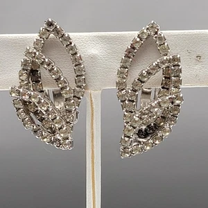 Vtg KRAMER Silver Tone Rhinestone 3 Layer Cutout Marquise Almond Clip Earrings - Picture 1 of 11