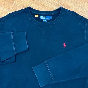 VTG Polo Ralph Lauren Hey Terry Knit Crew Sweatshirt Men XL Black Pony Pullover - Picture 1 of 15