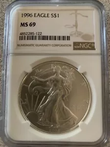 1996 $1 Silver Eagle MS-69 NGC Brown Label - Picture 1 of 2