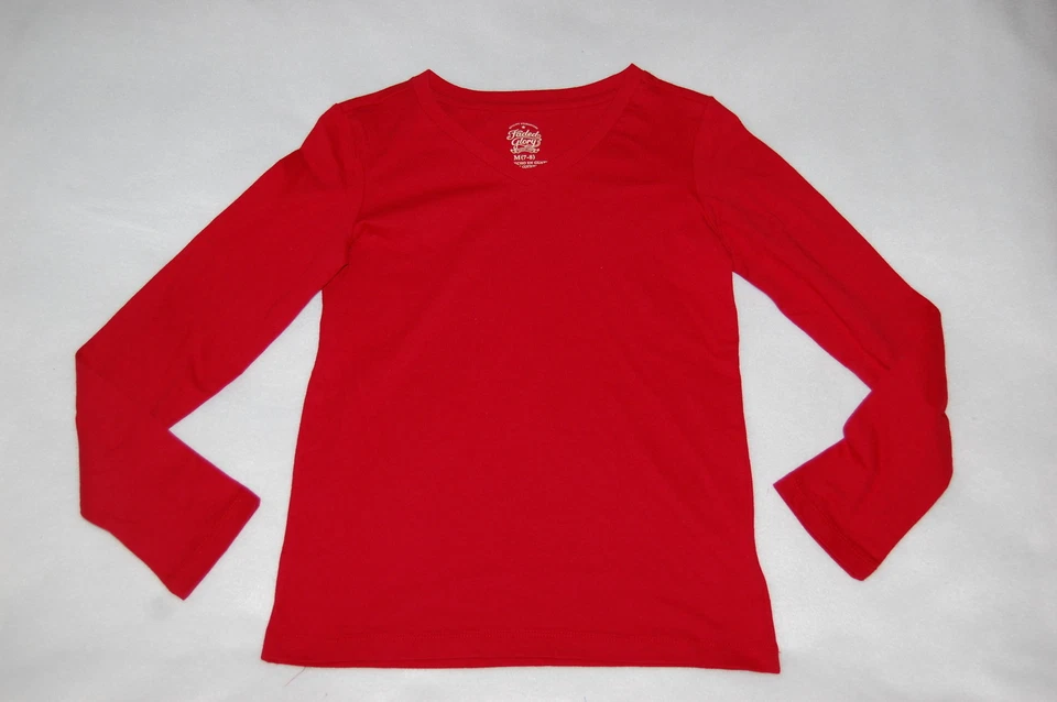 Camiseta de malha feminina L/S VERMELHA SÓLIDA GOLA V 100% algodão GG 14-16 - Imagem 1 de 1