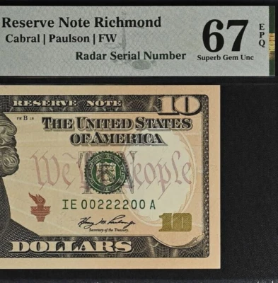 2006 $10 Federal Reserve Note PMG 67EPQ - Top Pop Super Radar Serial 00222200 - Image 1 of 4