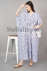 Trendy Cotton Kaftan Elegant White & Blue Floral Long Caftan Resort & Beach Wear - Picture 1 of 6