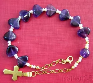 Catholic Rosary Bracelet Amethyst Heart Beads, Pearls & Gold Vermeil - Picture 1 of 2
