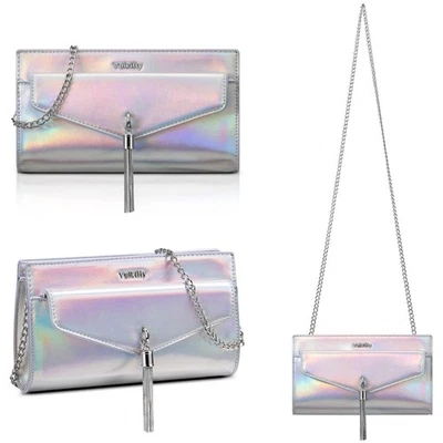Women's Holographic Clutch Purse Tassel Evening Bag- Detachable Chain Strap-NEW - Image 1 of 4
