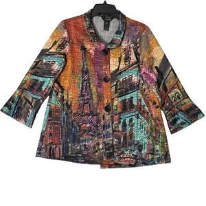 Ali Miles Jacket Womens Small Multicolor Paris Eiffel Tower Art Button Up Coat - Picture 1 of 5