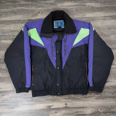 Vtg 90s Double Black Ski Jacket Mens Down Colorblock Purple Winter Coat Large - Image 1 of 4