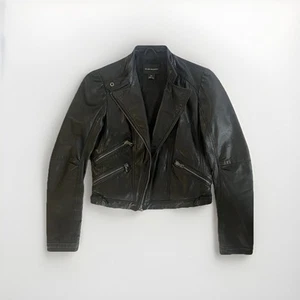 Club Monaco Lamb Leather Navy Biker Moto Jacket Women's Small Asymmetrical Zip - Picture 1 of 8