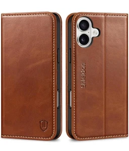 SHIELDON Hülle für iPhone 16 6,1” 5G, Echt Leder Geldbörse Retro Braun RFID - Bild 1 von 8