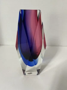 Italian Murano Glass Red Burgundy/Blue Sommerso Faceted Vase by Mandruzzato 6.2" - Picture 1 of 7