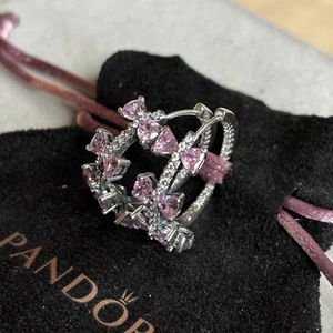 NEW Pandora - Pink Sparkling Bow Row CZ Hoop Earrings - Picture 1 of 4