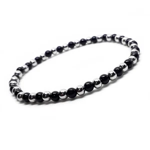Bracciale uomo donna sfere 4mm in Acciaio inox argento e perle Nero braccialetto - Foto 1 di 4