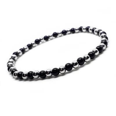 Bracciale uomo donna sfere 4mm in Acciaio inox argento e perle Nero braccialetto - Immagine 1 di 4