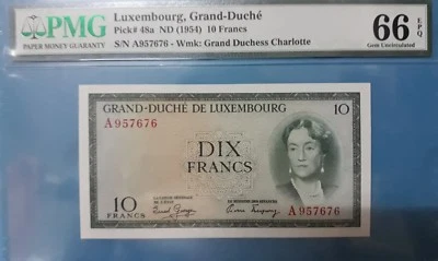 1954 Luxembourg 10 Francs  PMG66 EPQ <P-48a> GEM UNC First Prefix A - Image 1 of 2